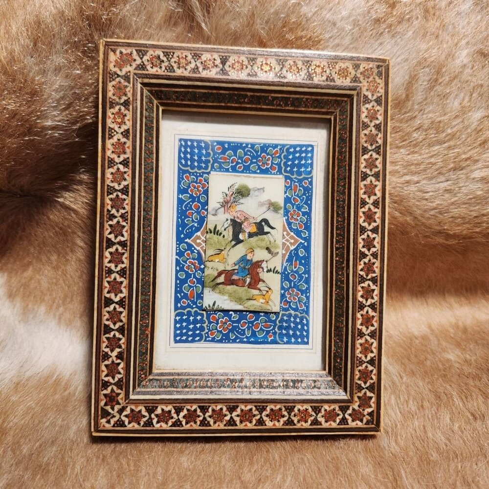 Vintage 19th Century Persian Hand Painted Camel Bone Miniature Mosaic Inlay Fram